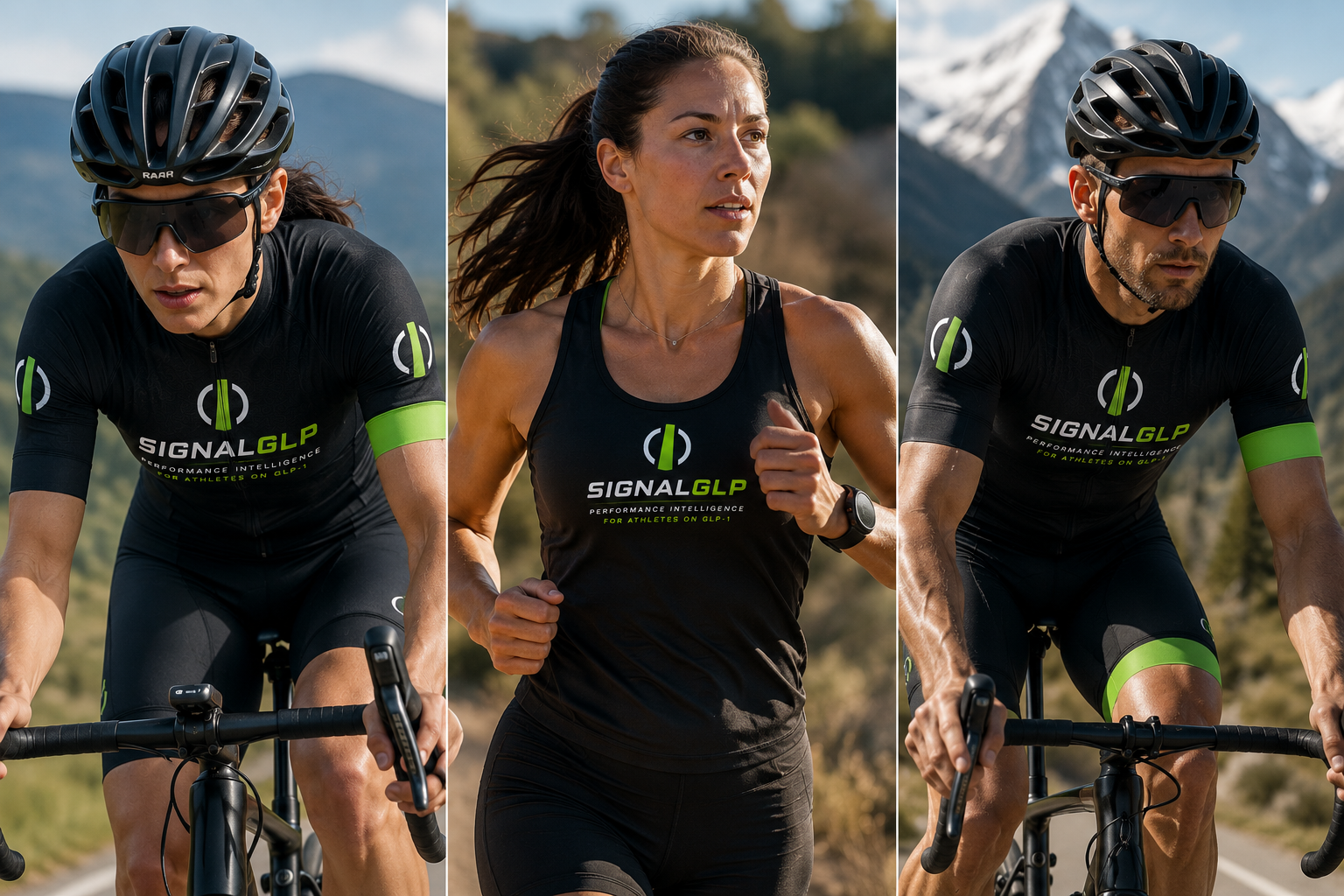 SignalGLP athletes training — cycling and running in SignalGLP kit