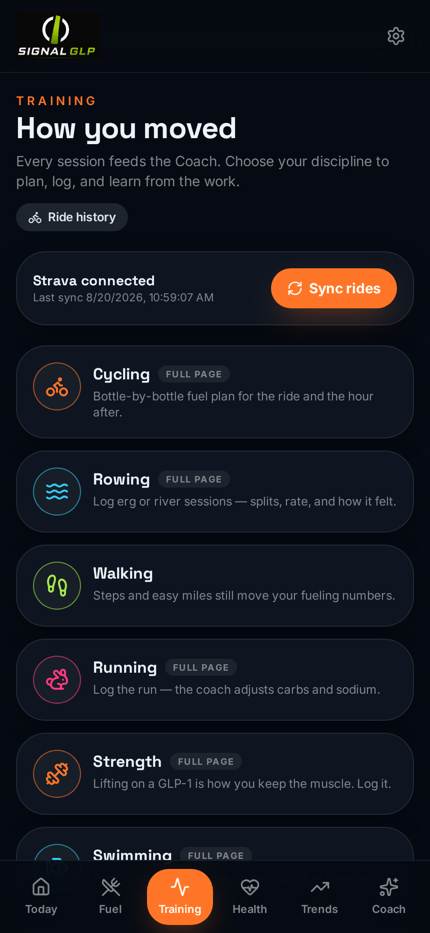 Signal GLP™ Training screen